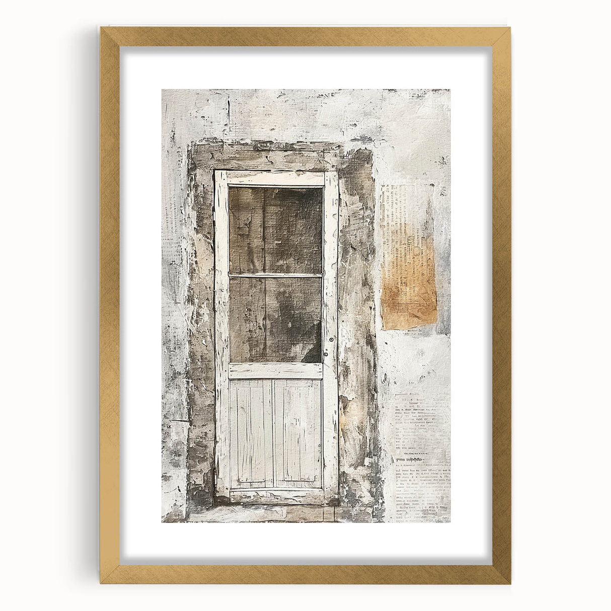 Extra large abstract art print of a rustic Italian door, textured in muted earth tones, framed with a gold mat.