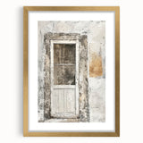 Extra large abstract art print of a rustic Italian door, textured in muted earth tones, framed with a gold mat.