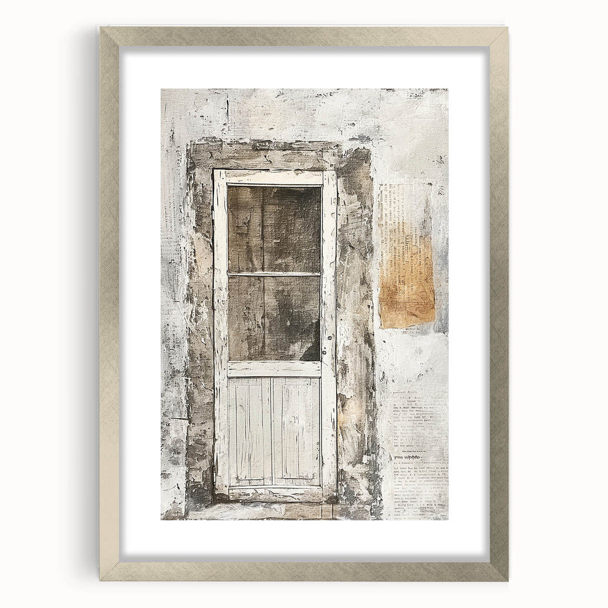 Textured art print of a rustic Italian door, rendered in earth tones on a framed matte silver canvas.