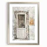 Textured art print of a rustic Italian door, rendered in earth tones on a framed matte silver canvas.
