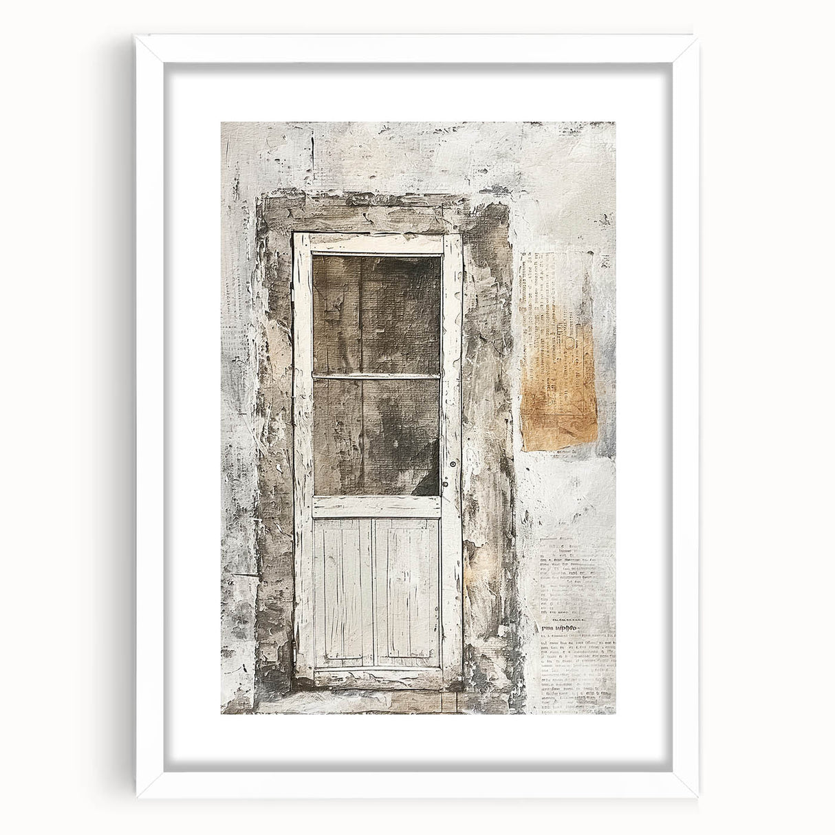 Rustic Italian door depicted in muted earth tones on a framed white mat, ideal for dining room decor.