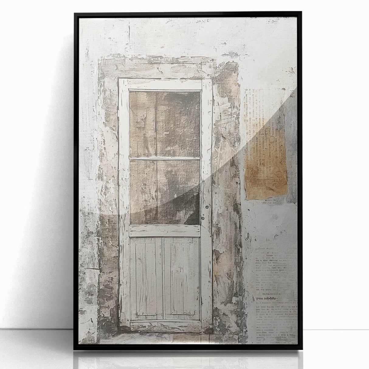 Large abstract wall art depicting a rustic Italian door, framed in black acrylic, suitable for modern decor.