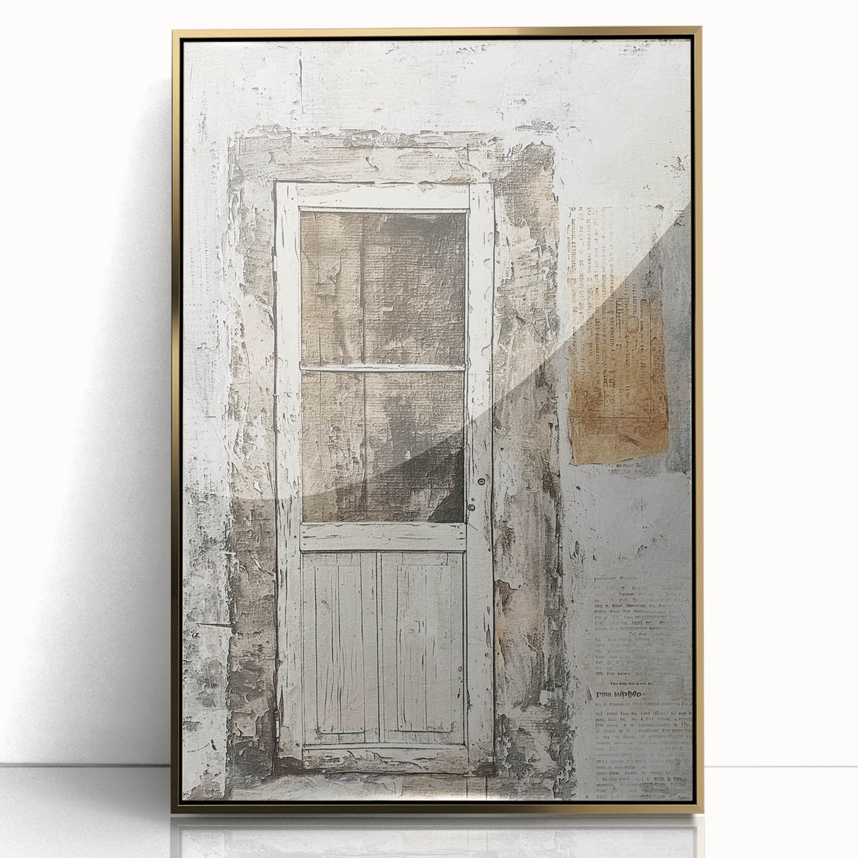 Mid-century modernist acrylic print of a rustic Italian door in gold tones, ideal for modern art wall decor.