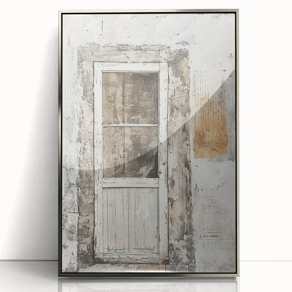 Mid-century modernist art featuring a rustic Italian door, printed on a framed acrylic in muted earth tones.