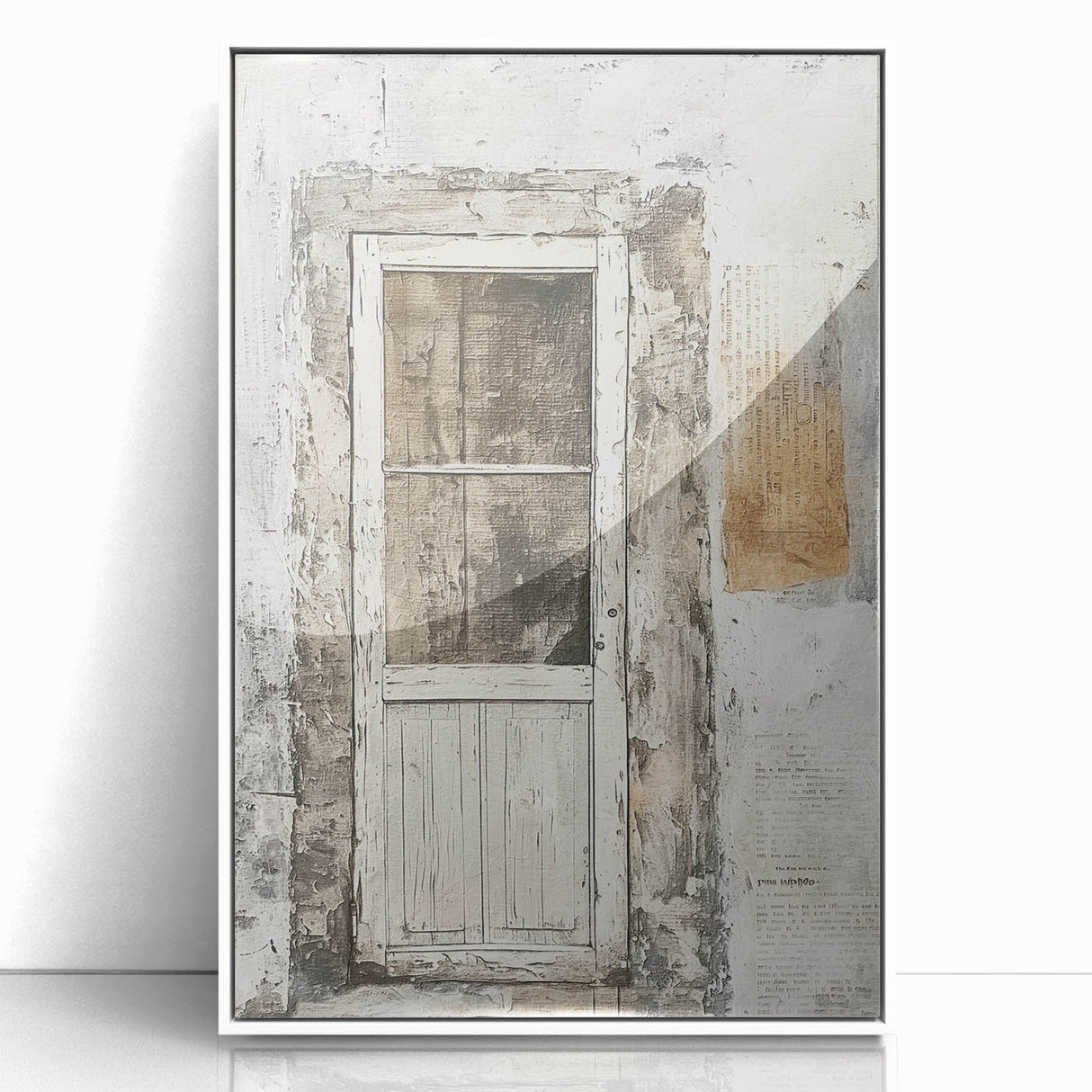 Acrylic print of a rustic Italian door in muted earth tones, framed in white, suitable as modern art wall decor.