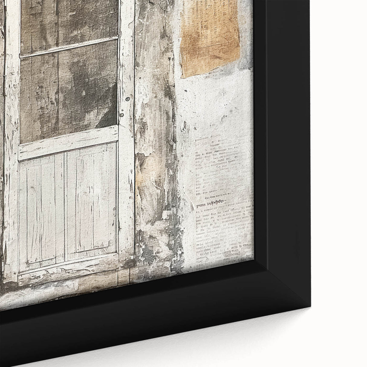 Close-up of a rustic Italian door depicted in black wall art on a framed canvas, featuring textured.