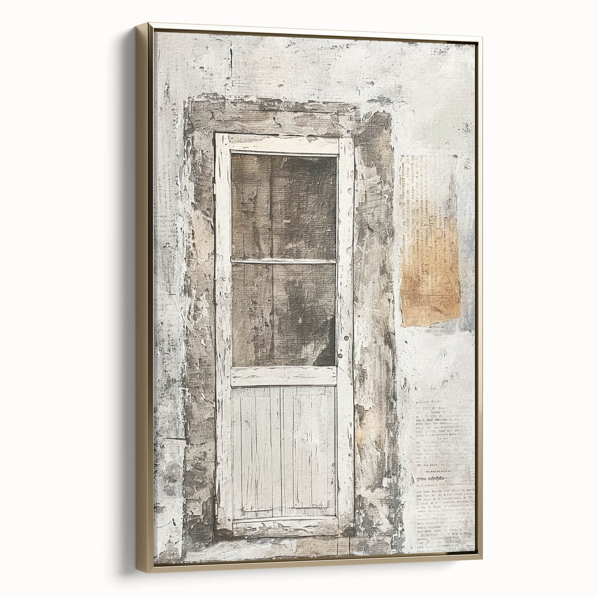 Framed canvas featuring a rustic Italian door in muted earth tones, ideal for bedroom wall art.