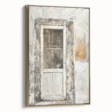 Framed canvas featuring a rustic Italian door in muted earth tones, ideal for bedroom wall art.