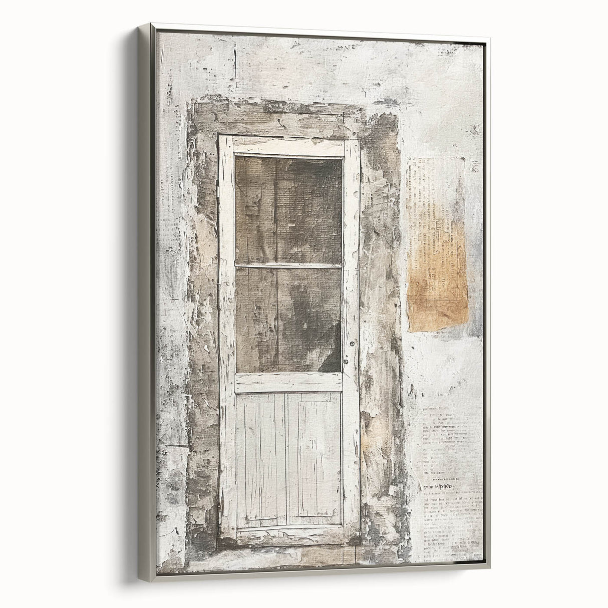 Framed canvas featuring a rustic Italian door in a landscape format, blending muted earth tones.