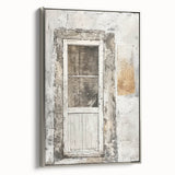 Framed canvas featuring a rustic Italian door in a landscape format, blending muted earth tones.