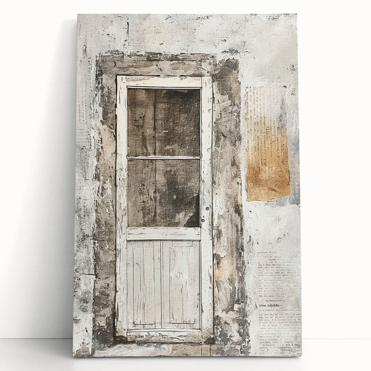 Black and white photo of a rustic Italian door on stretched canvas, ideal for kitchen wall art.