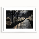 Abstract art print featuring geometric shapes in muted gray and blue tones on a white framed canvas.