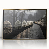 Large art print of a mid-century modernist architecture in gold tones on acrylic, ideal for modern art wall decor.