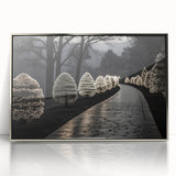 Mid-century modernist art depicting geometric shapes in muted gray and blue tones on a framed acrylic print.