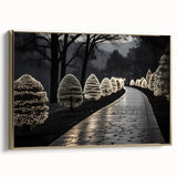 Vintage poster art of a landscape painting on framed canvas, featuring muted gold and black tones.