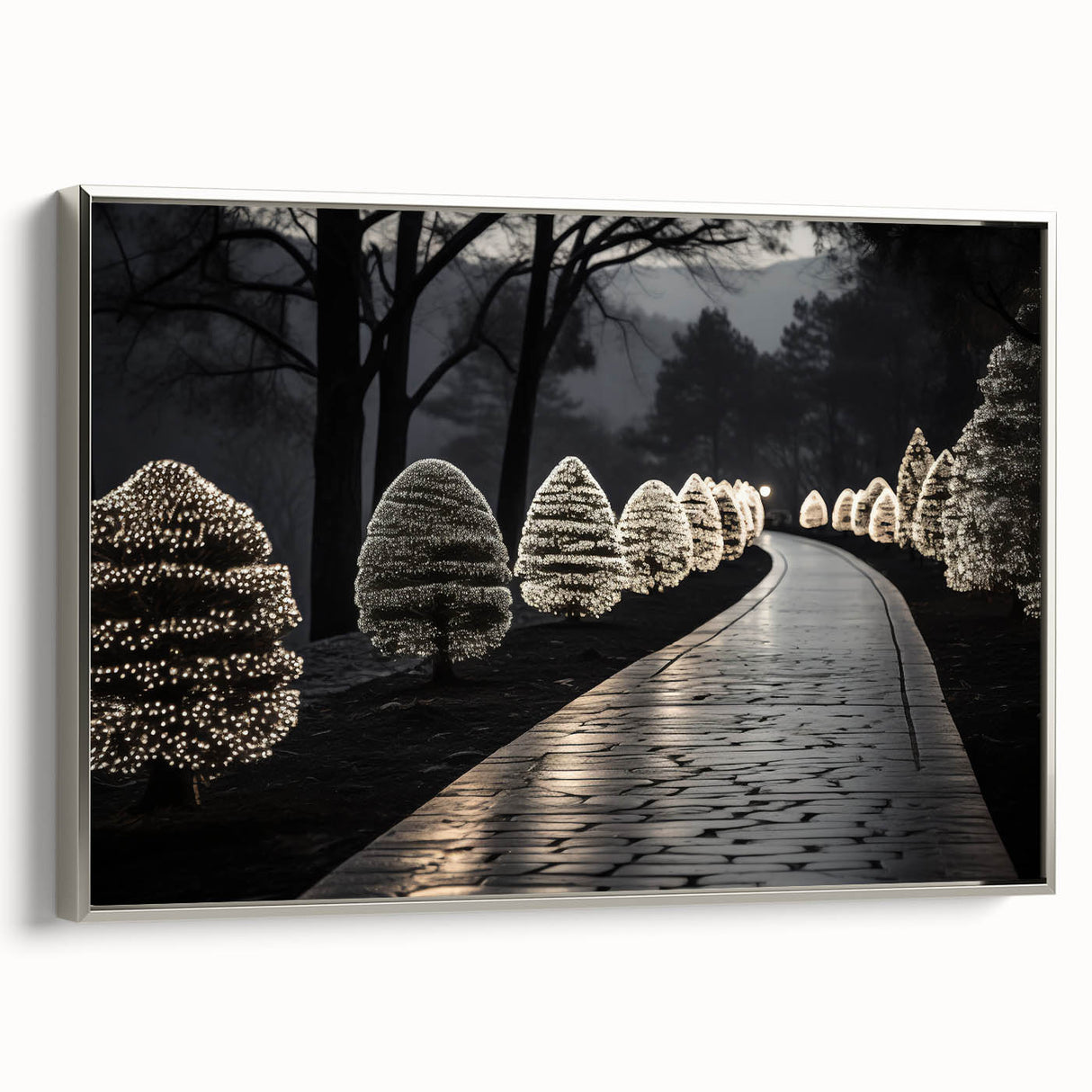 Landscape art painting of a cityscape in muted gray and silver tones on a framed canvas, suitable for office decor.