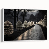 Vintage poster art of a classic architecture design in black and colorful tones on a framed canvas.