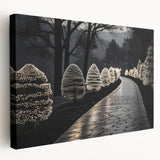 Large abstract architecture print on stretched canvas with neutral gray and white tones, suitable for kitchen wall art.