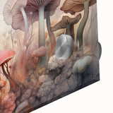 Close-up of vibrant floral and botanical wall art featuring colorful mushrooms and intricate details, designed for modern home decor in acrylic glass format.