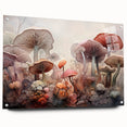 Acrylic glass wall art featuring a vibrant design of flowers and botanical mushrooms, displayed from a side view with decorative pins for mounting.