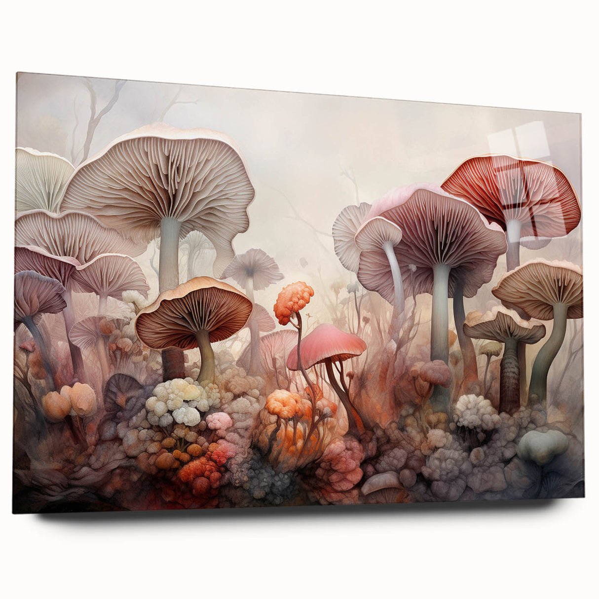 Acrylic glass wall art displaying a vibrant floral and botanical design with mushrooms, showcasing a side view that highlights its sleek finish and modern aesthetic, ideal for home decor.