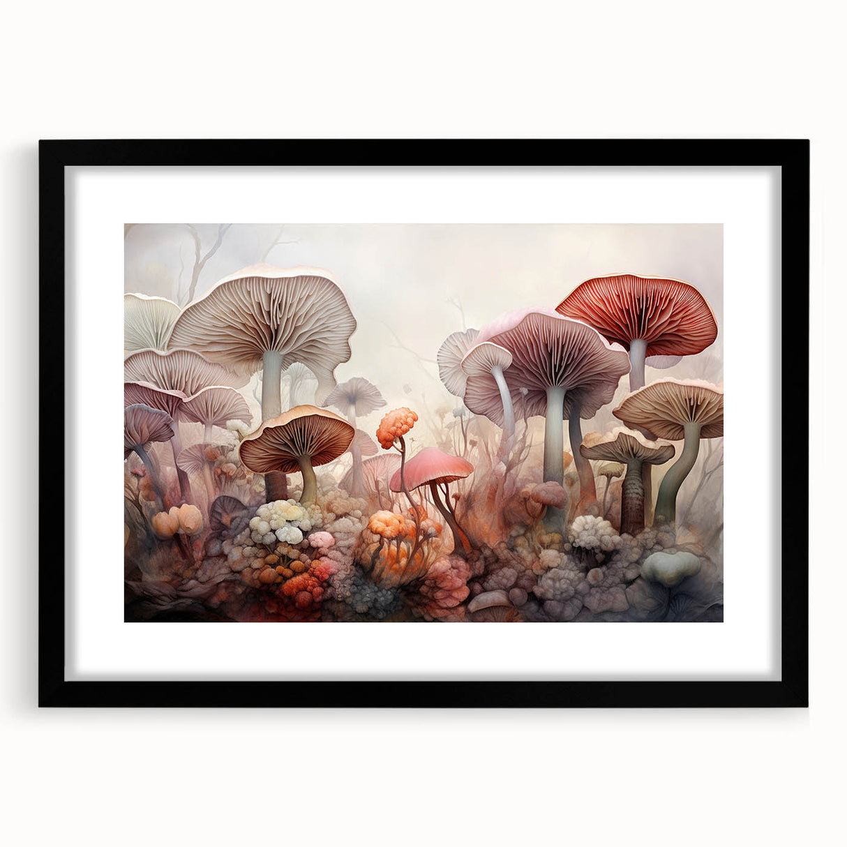 Botanical wall art frame showcasing colorful flowers and mushrooms against a sleek black background, ideal for adding a touch of nature-inspired decor to any room.