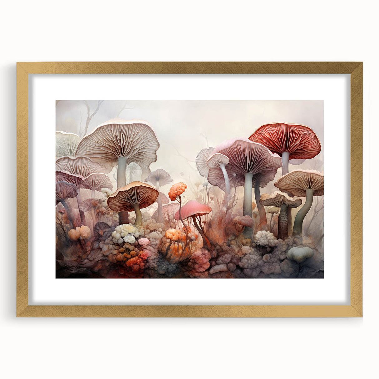 Botanical wall art featuring vibrant flowers and mushrooms in a gold frame with a mat, showcasing intricate details and a modern aesthetic suitable for home decor.
