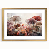 Botanical wall art featuring vibrant flowers and mushrooms in a gold frame with a mat, showcasing intricate details and a modern aesthetic suitable for home decor.