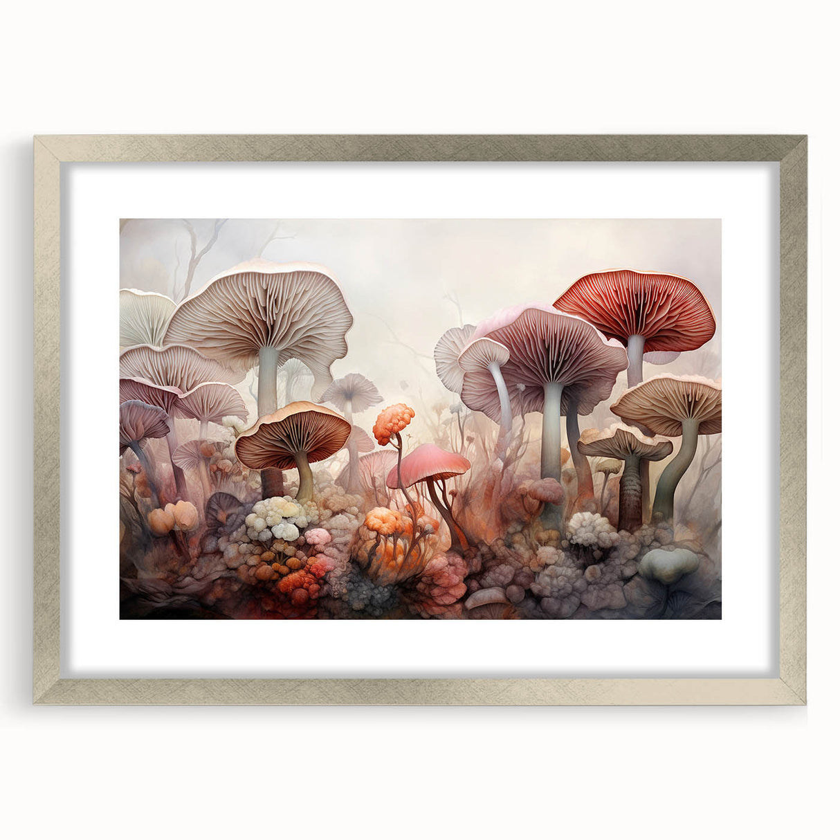 Framed botanical wall art showcasing vibrant flowers and mushrooms, set in a sleek silver frame with a white mat, ideal for enhancing home decor.