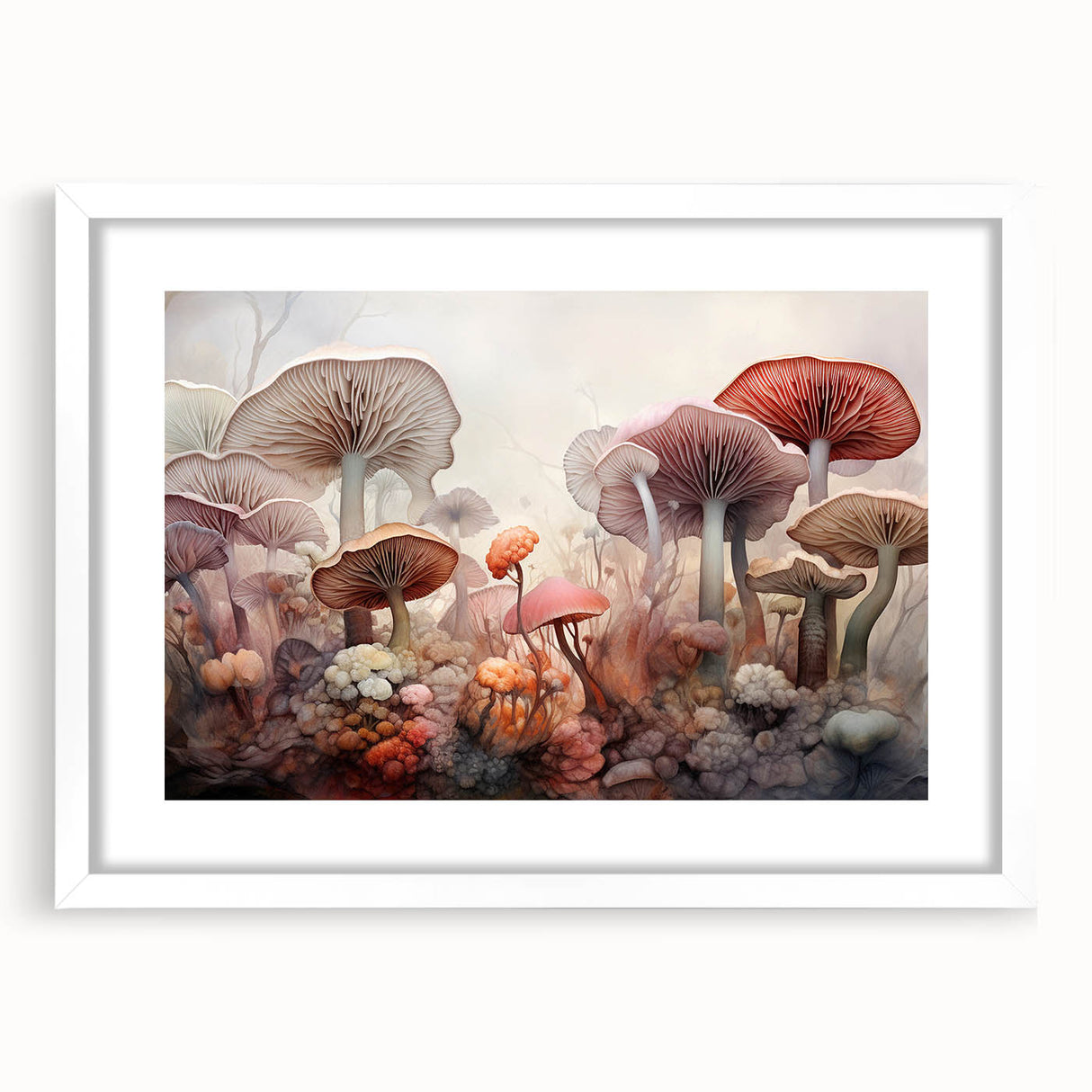 Framed botanical wall art featuring vibrant flowers and mushrooms in detailed illustrations, set against a white mat, ideal for home decor enhancement.