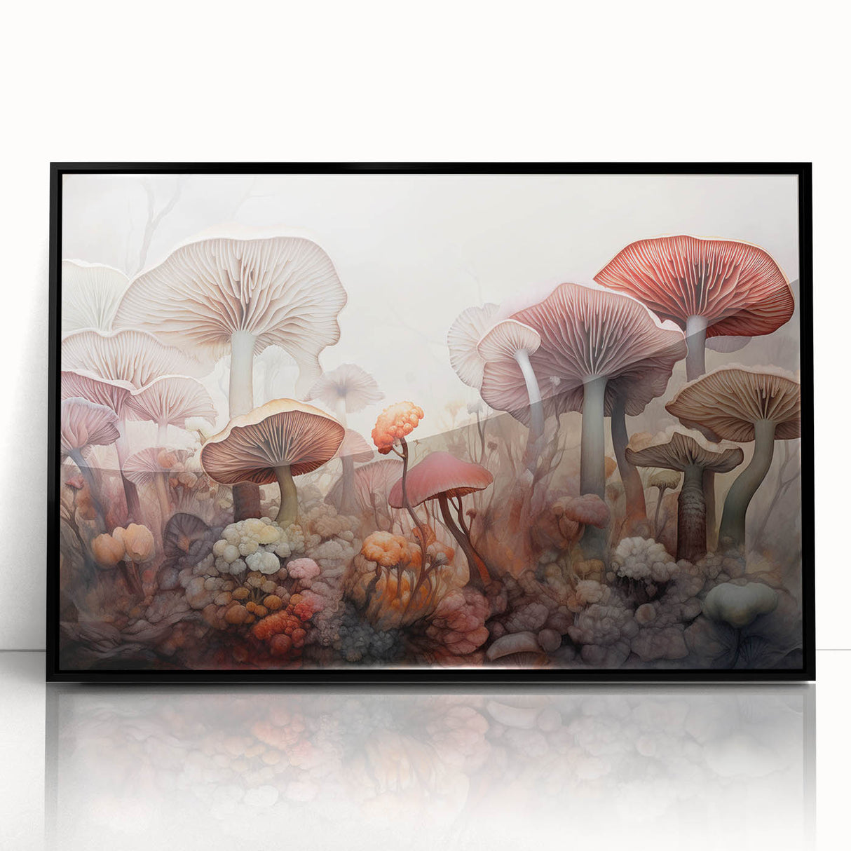Framed wall art showcasing vibrant flowers and botanical mushrooms against a black background, perfect for modern home decor. The acrylic surface adds a sleek finish, enhancing any room's aesthetic.
