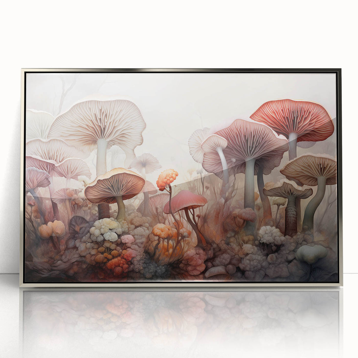 Framed acrylic wall art featuring colorful flowers and botanical mushrooms, set in a sleek silver frame, adding a vibrant touch to any decor. Perfect for nature lovers.