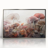 Framed acrylic wall art featuring colorful flowers and botanical mushrooms, set in a sleek silver frame, adding a vibrant touch to any decor. Perfect for nature lovers.