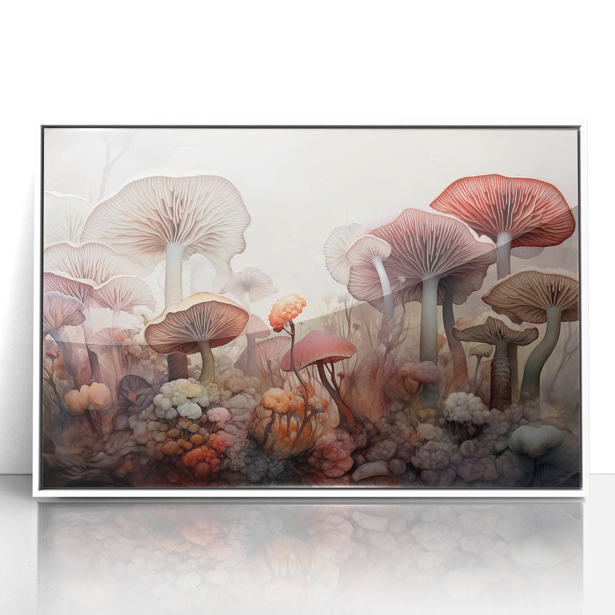 Framed wall art featuring a vibrant design of flowers and botanical mushrooms on a white background, showcasing intricate details and colors that enhance any decor.