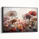 Framed canvas wall art showcasing a vibrant floral and botanical design with mushrooms, set against a sleek black background, ideal for modern decor.