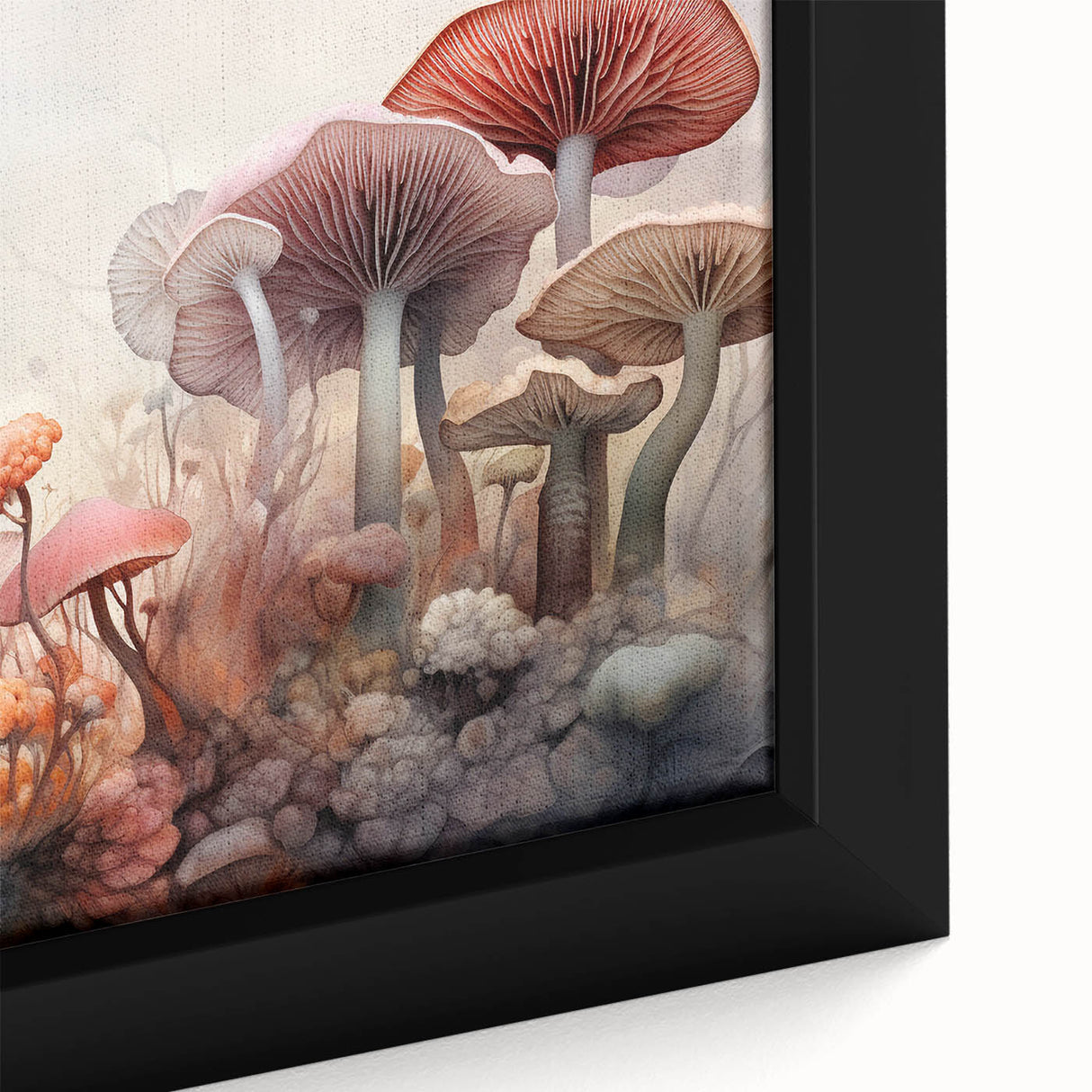 Framed canvas wall art featuring a vibrant floral and botanical design with intricate mushrooms, showcasing rich colors and fine details, perfect for home decor.