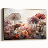 Framed canvas wall art showcasing a vibrant floral and botanical design with mushrooms, featuring golden accents and a stylish side view, perfect for home decor.