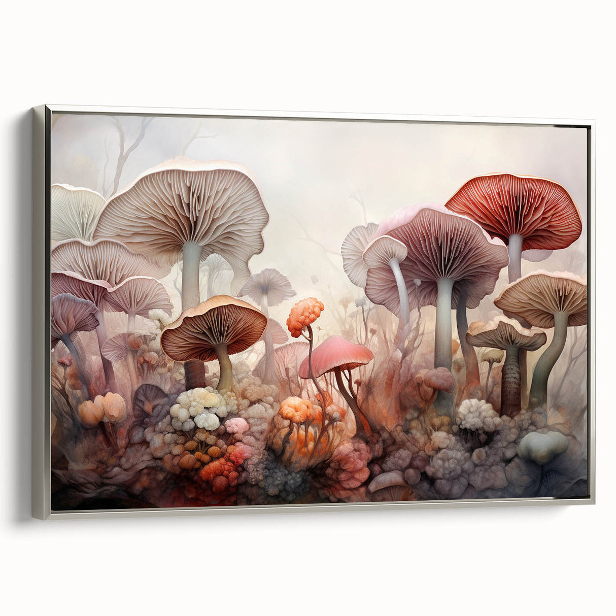 Framed canvas wall art showcasing a vibrant floral and botanical mushroom design, featuring a sleek silver frame, perfect for modern home decor.