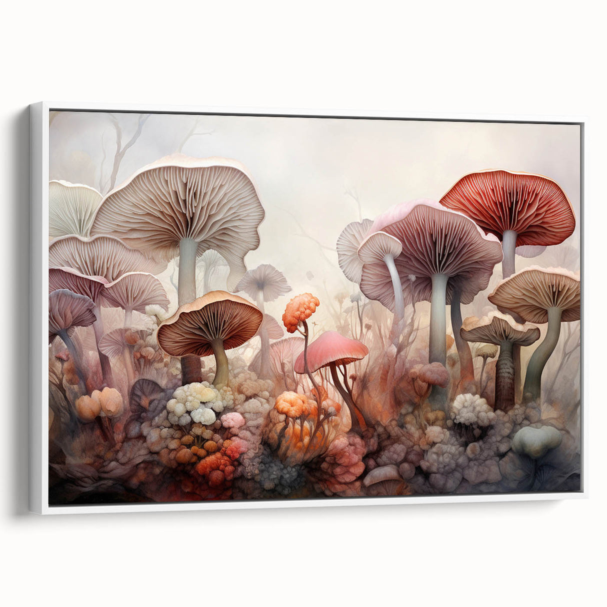 Framed botanical wall art featuring colorful flowers and mushrooms on a white background, showcasing intricate details and vibrant hues, ideal for home decor.