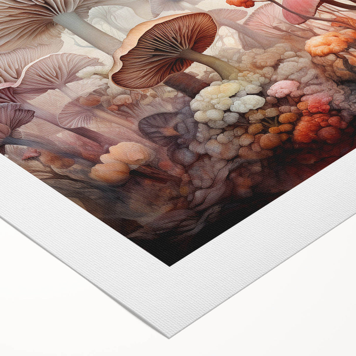 Colorful rolled canvas showcasing a vibrant floral and botanical design with mushrooms, perfect for home decor. Ideal for nature lovers seeking unique art.