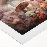 Colorful rolled canvas showcasing a vibrant floral and botanical design with mushrooms, perfect for home decor. Ideal for nature lovers seeking unique art.