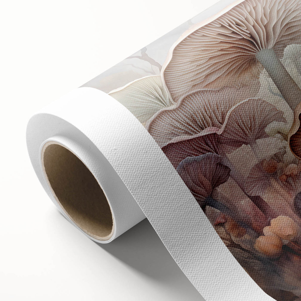 Rolled canvas artwork showcasing a vibrant floral and botanical design intertwined with mushrooms, ideal for nature-inspired decor, packaged securely in a cardboard tube.
