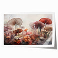 Botanical wall art print showcasing a vibrant design of flowers and mushrooms, rolled for easy display, perfect for enhancing home decor with a nature-inspired aesthetic.