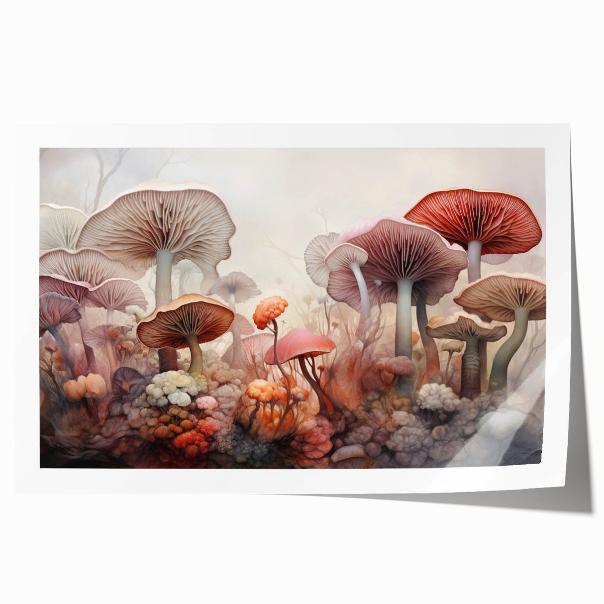 Botanical wall art print showcasing a vibrant design of flowers and mushrooms, rolled for easy display, perfect for enhancing home decor with a nature-inspired aesthetic.