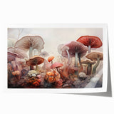 Botanical wall art print showcasing a vibrant design of flowers and mushrooms, rolled for easy display, perfect for enhancing home decor with a nature-inspired aesthetic.