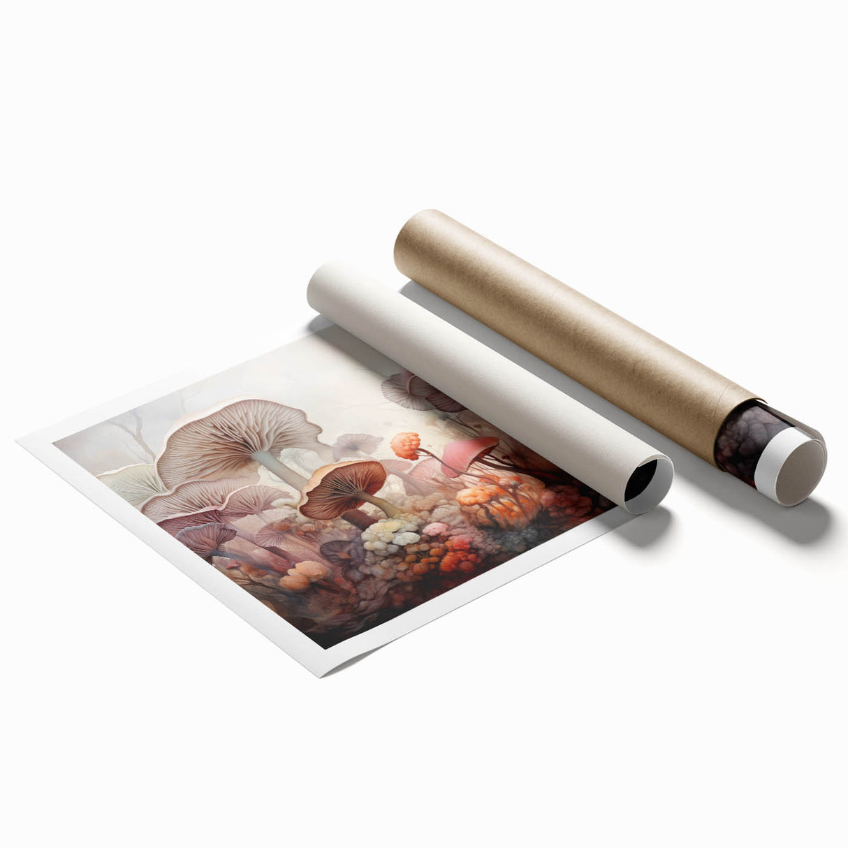 Botanical wall art print showcasing vibrant flowers and mushrooms against a soft cream background, rolled and ready for display, perfect for nature-themed decor.