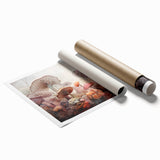 Botanical wall art print showcasing vibrant flowers and mushrooms against a soft cream background, rolled and ready for display, perfect for nature-themed decor.