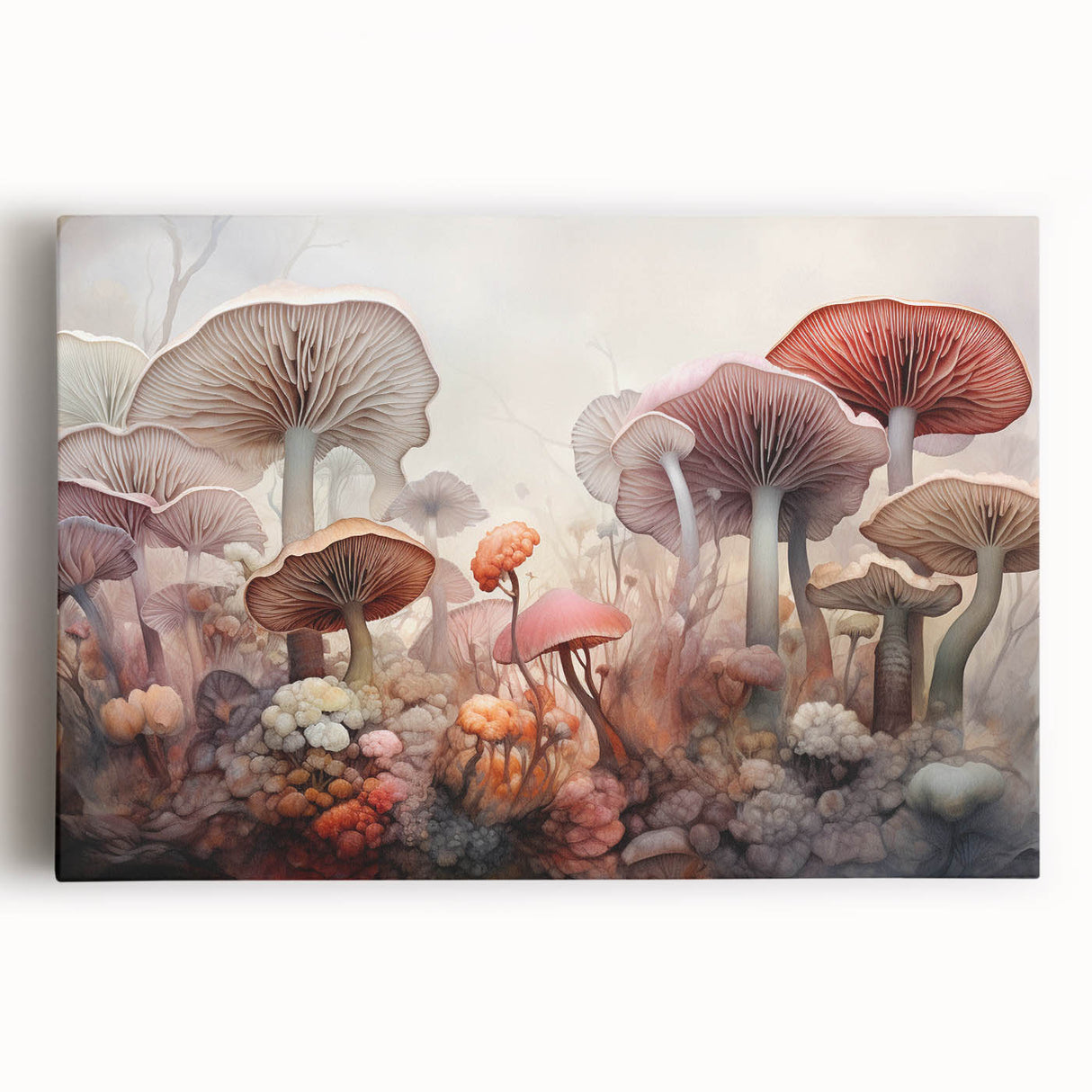 Stretched canvas wall art showcasing a vibrant floral and botanical design with mushrooms, perfect for adding a nature-inspired touch to home decor.