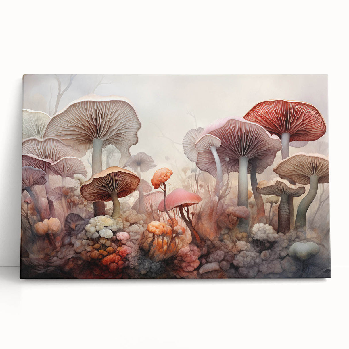 Vibrant botanical wall art print featuring colorful flowers and mushrooms, elegantly displayed on a stretched canvas, perfect for enhancing home decor.