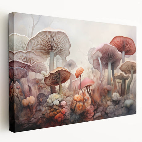 Stretched canvas wall art displaying a vibrant floral and botanical design interspersed with mushrooms, showcasing rich colors and detailed textures ideal for home decoration.